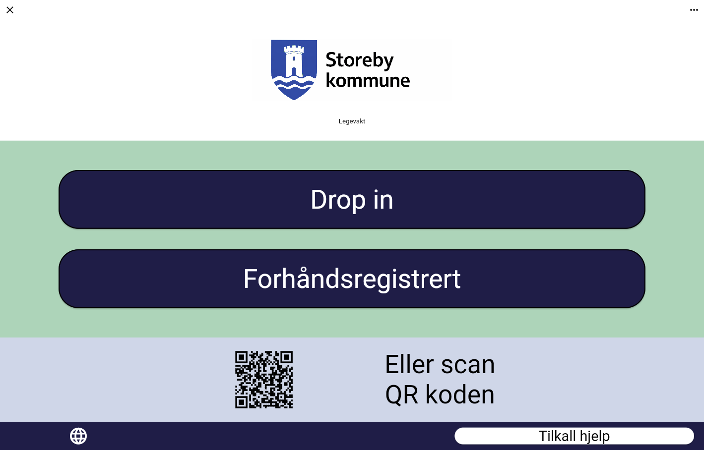 Kiosk-skjerm for Storeby kommune — Drop in og forhåndsregistrert med QR-kode